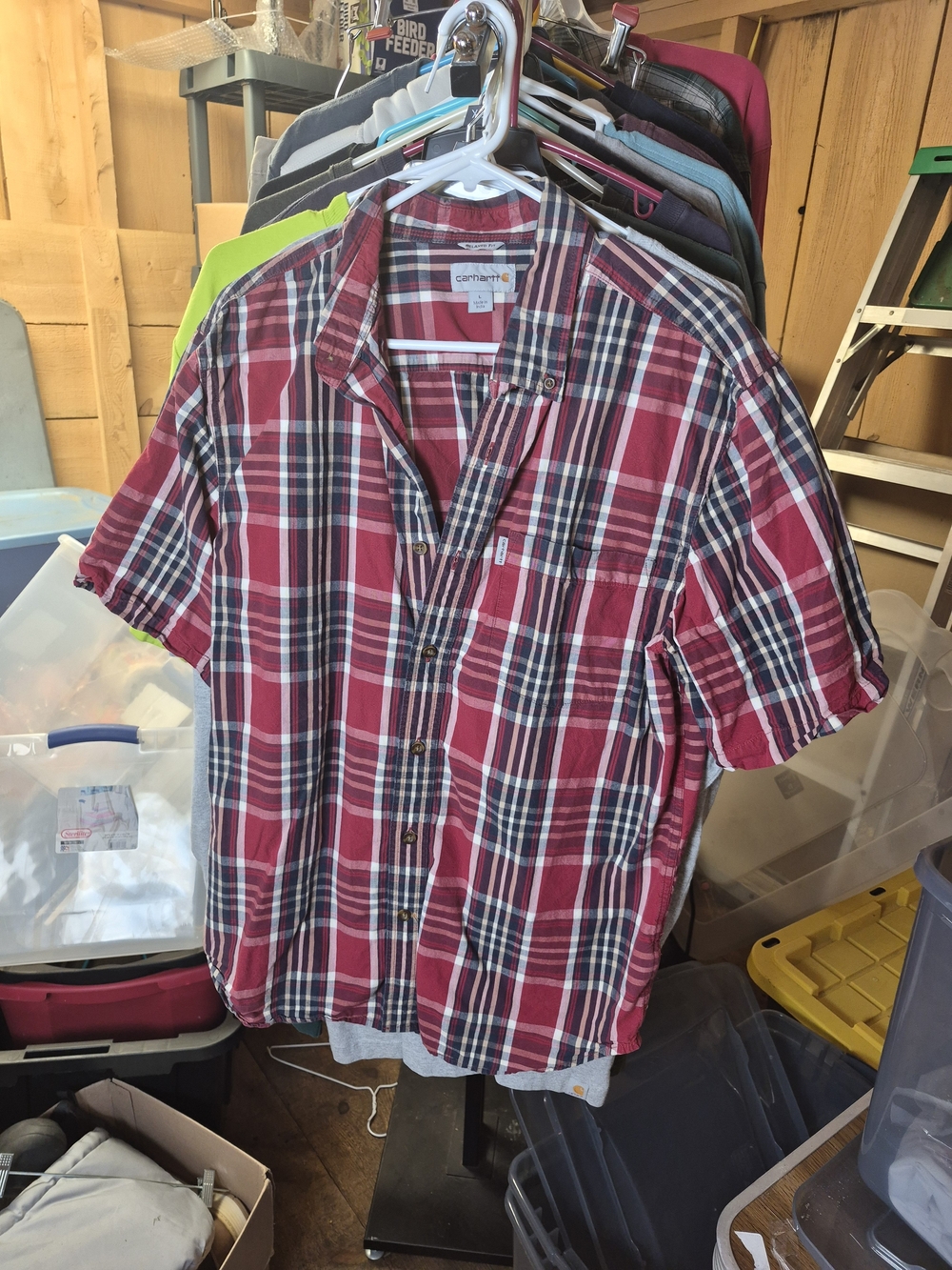 Carhartt Red and Navy Plaid Short-Sleeve Button-Down Shirt Bin 50